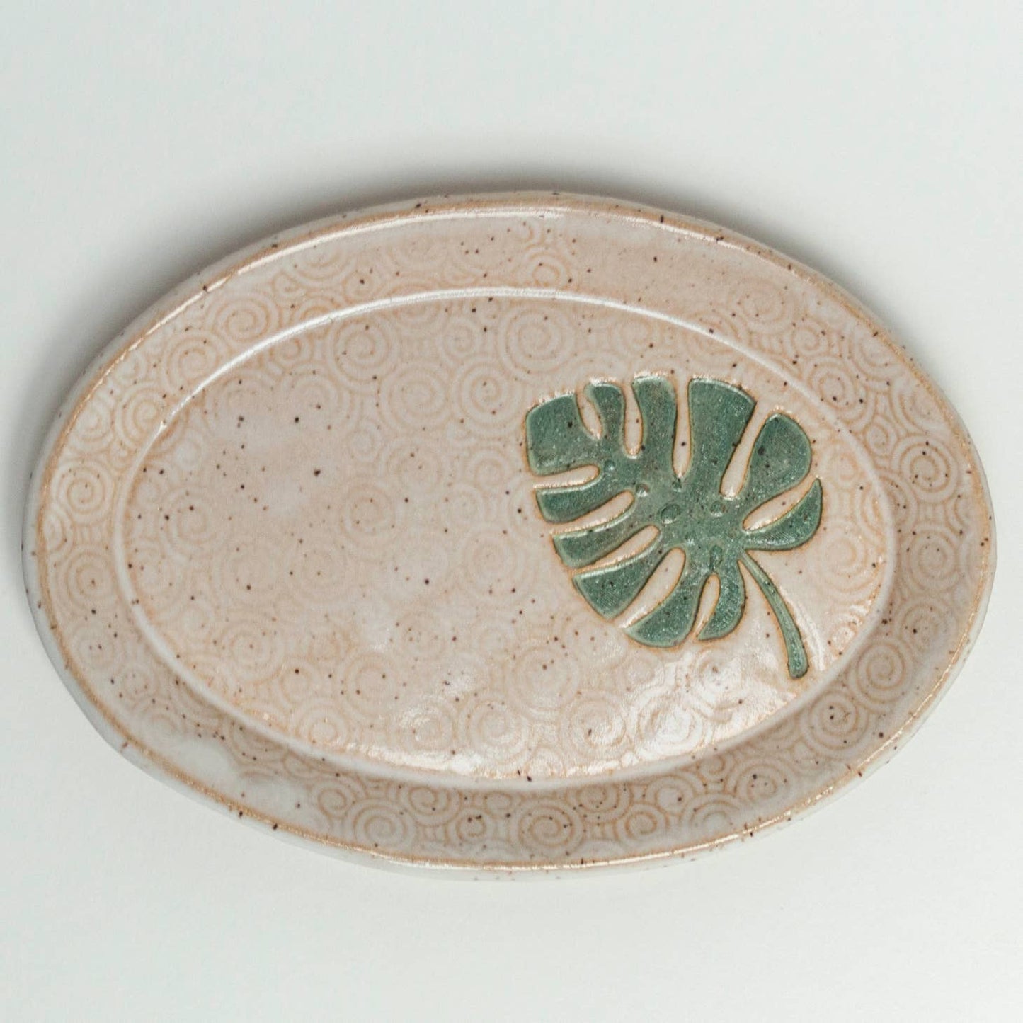 Monstera Pattern Handmade Ceramic White Oval Trinket Dish