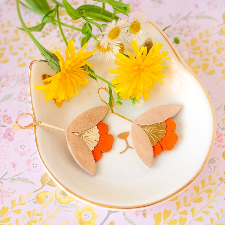 Ginkgo Flower Earrings – Salmon Pink and Orange Leather