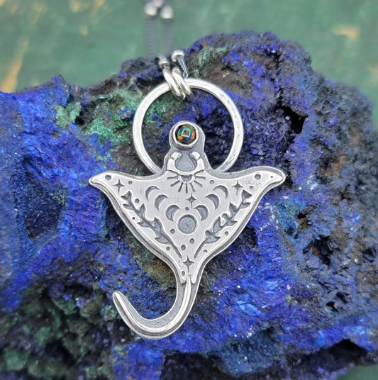 Celestial Manta Ray Pendant in Sterling Silver Silver With Black Opal