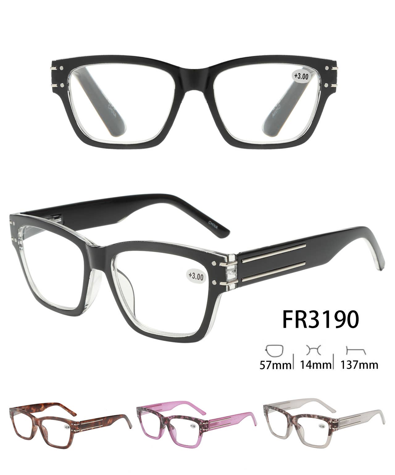 FR3190, Large Frame Stylish Arm Reading Glasses/Readers