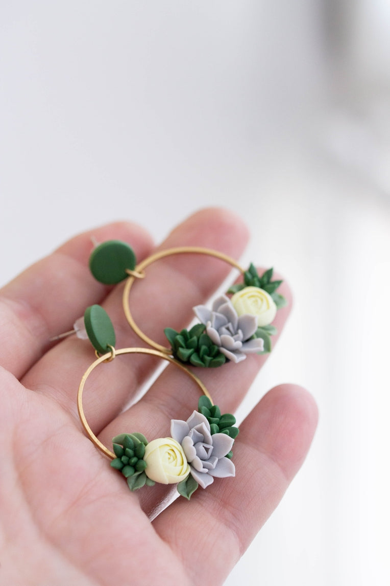 Gray Green Succulent Dangle Earrings