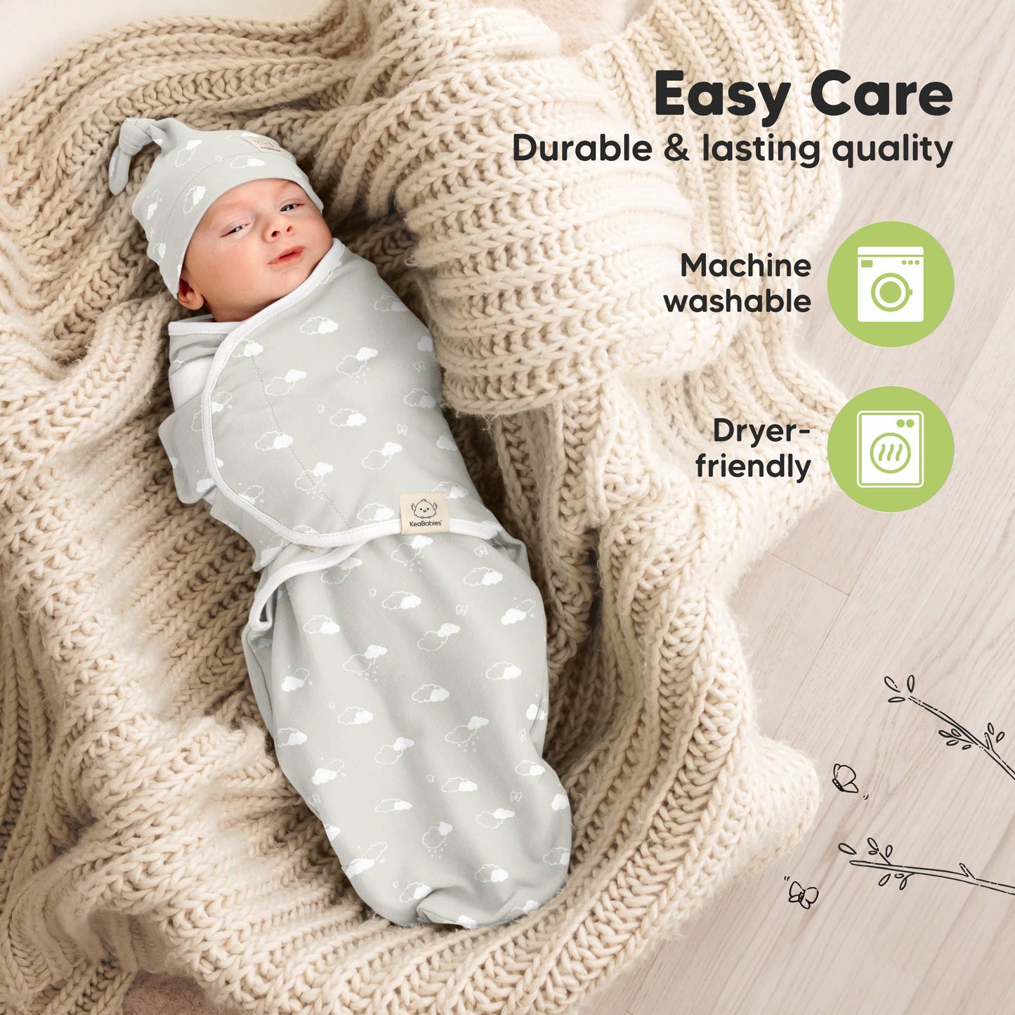 3-Pack Soothe Baby Swaddles 0-3 Months with Knot Hat