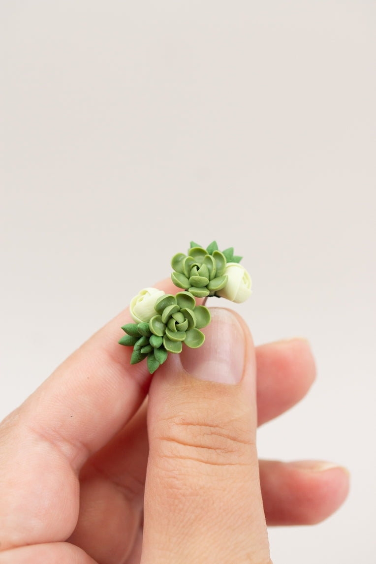 Handmade Succulent and Floral Bouquet Earrings - Green