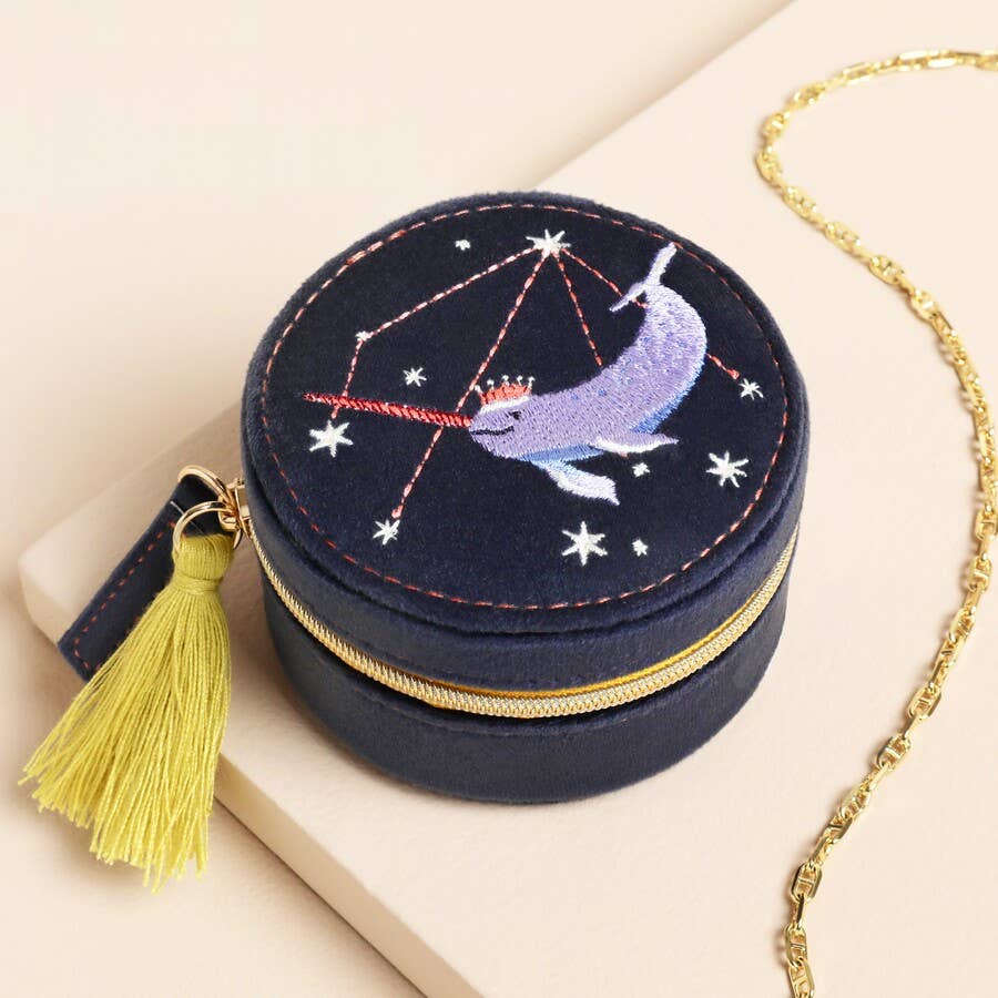 Navy Narwhal Velvet Round Travel Jewelery Case