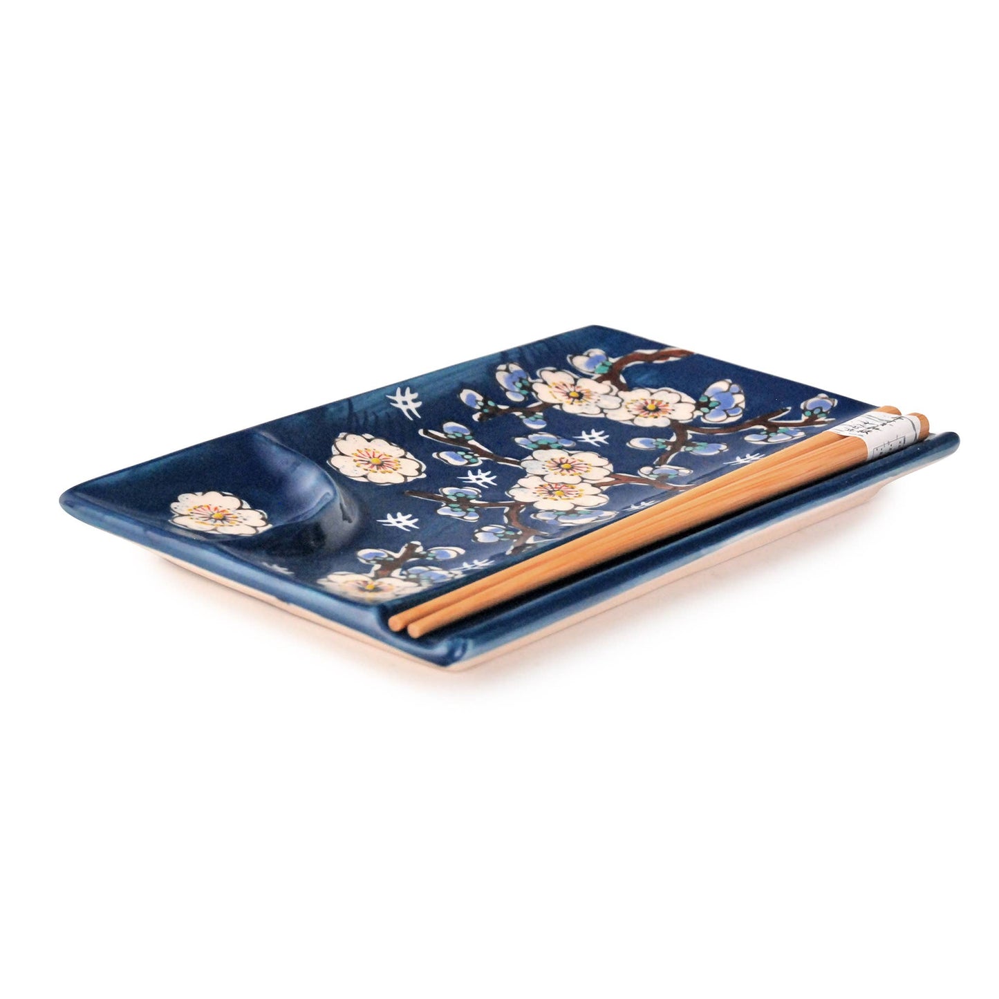 MIRA DIVIDED PLATE WITH CHOPS – NAVY WITH WHITE PLUM BLOSSOM