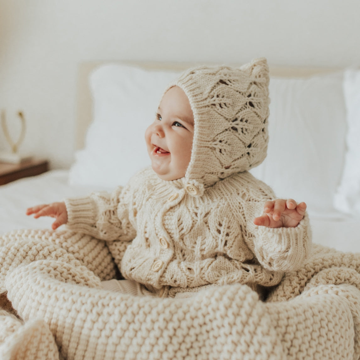 Leaf Lace Hand Knit Bonnet Natural Baby & Kids