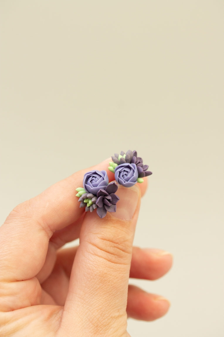 Handmade Succulent and Floral Bouquet Earrings - Purple