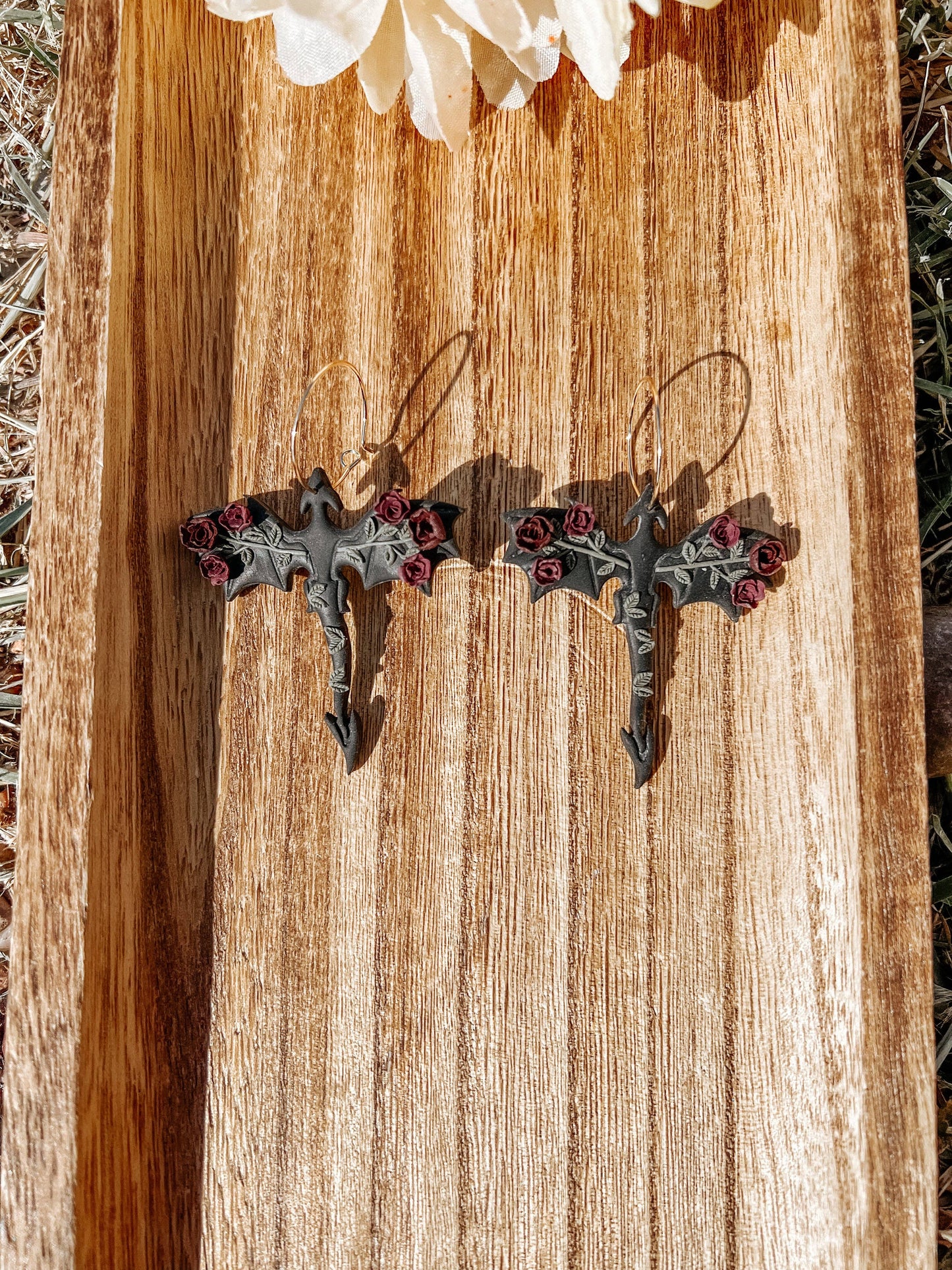 Clay Floral Black Dragon Hoop Earrings, Fantasy Earrings