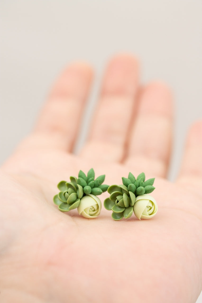 Handmade Succulent and Floral Bouquet Earrings - Green