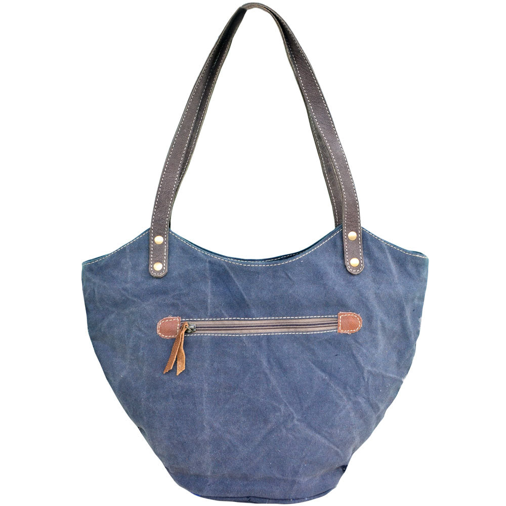 Blue Canvas Embroidered Flower Shoulder Bag