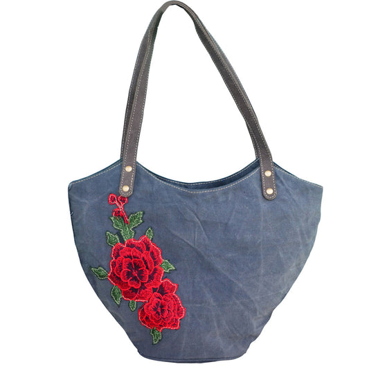 Blue Canvas Embroidered Flower Shoulder Bag