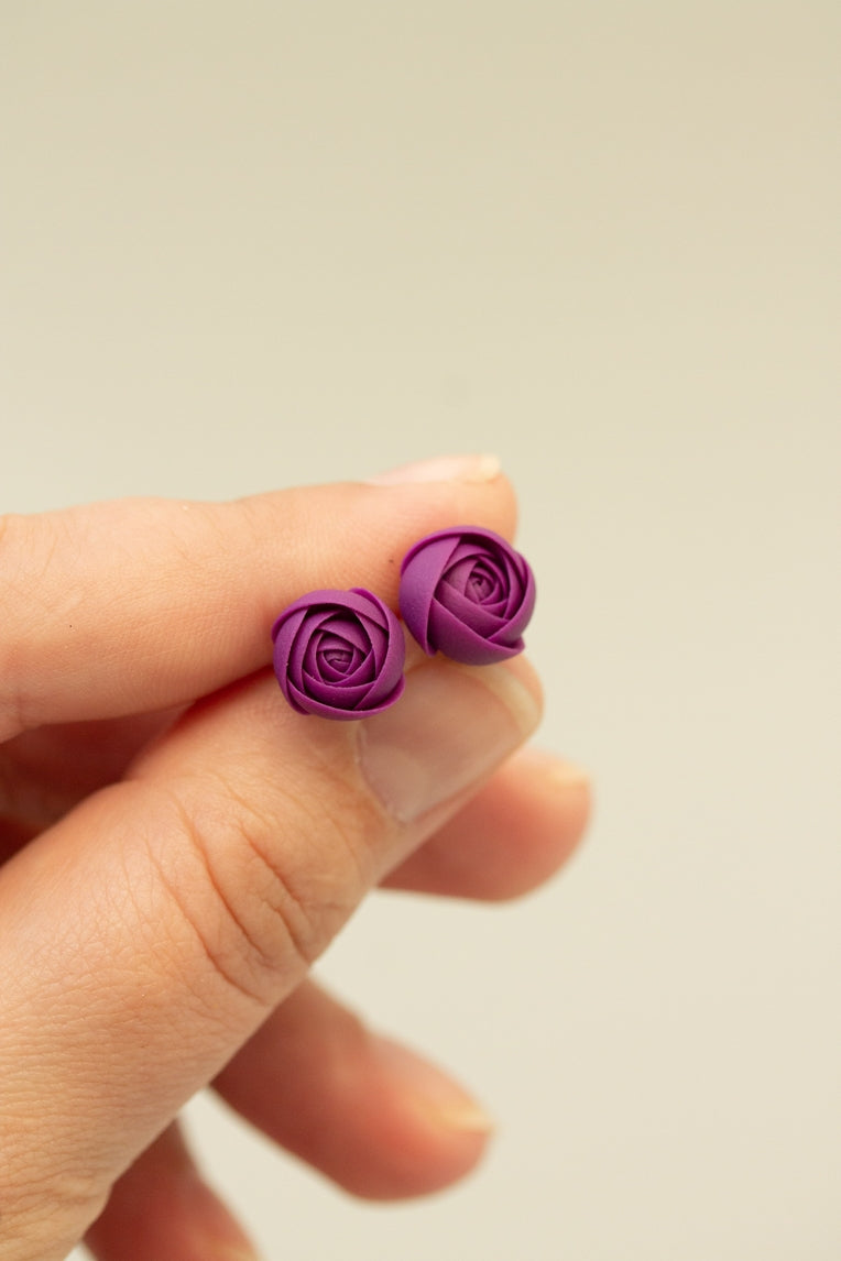 Set of 3 Ranunculus Rose Stud Earrings, Purple, Pink, White