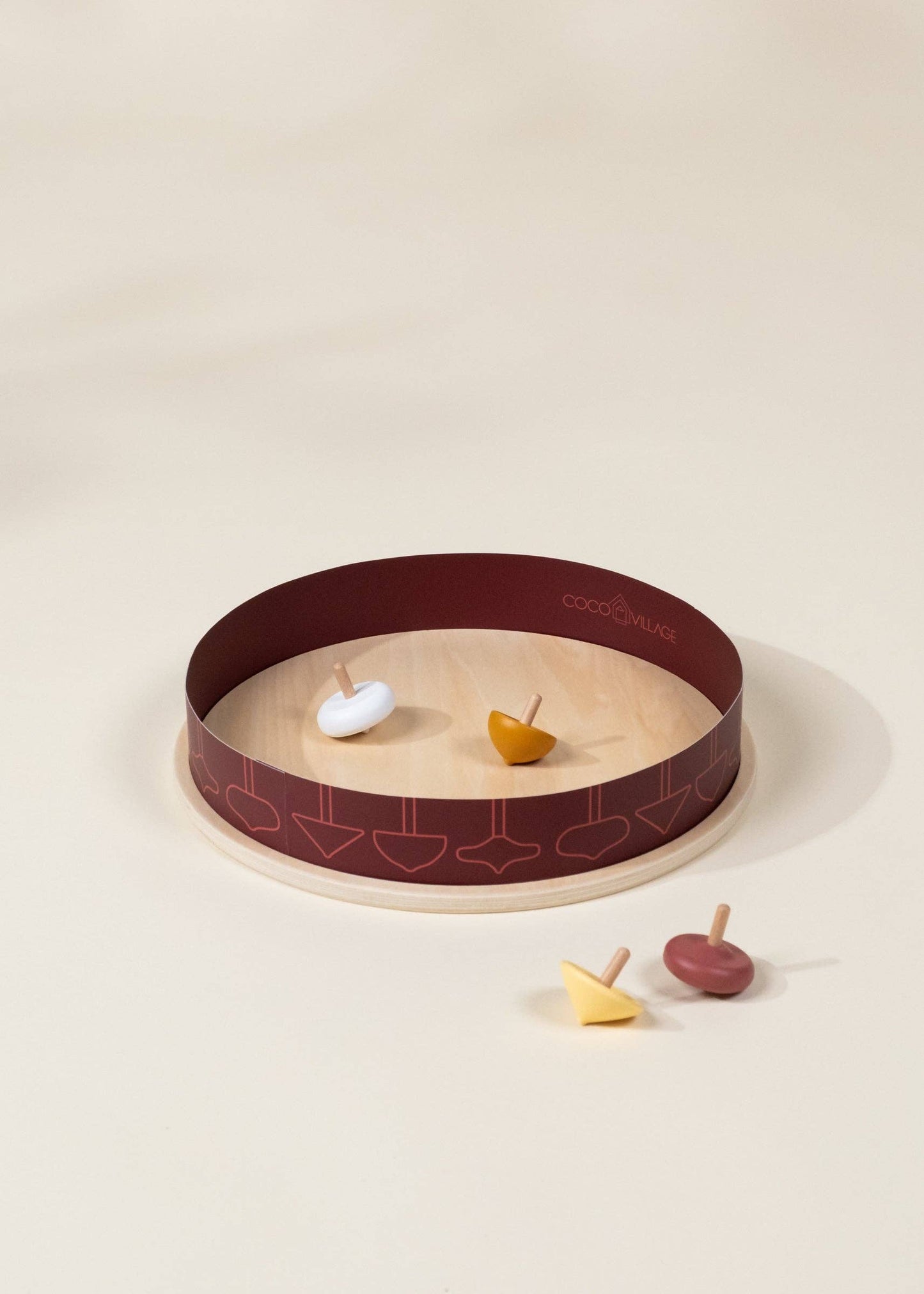Set of 4 Wooden Spinning Tops with Arena