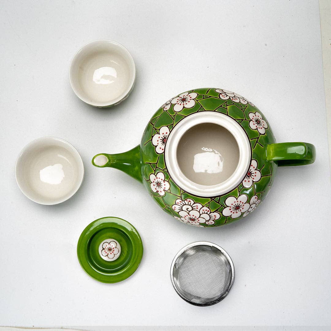 Ume Plum Blossoms Green Tea Set 26oz Tea Pot with 2 Cups