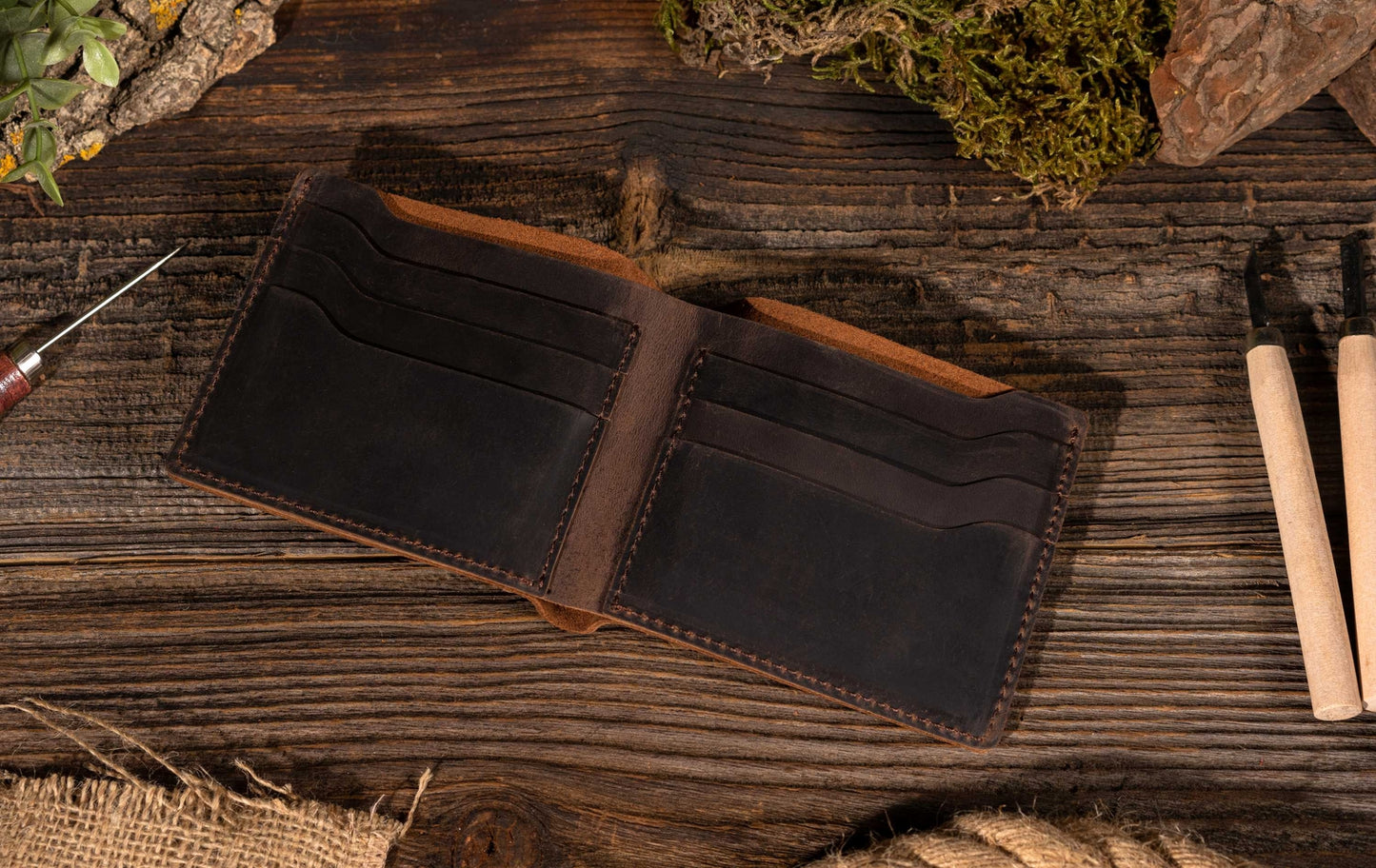 Handmade Leather Bifold Wallet w/6 Card Pockets