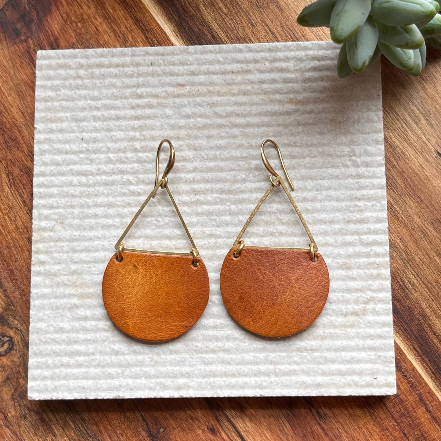 Hand Dyed Leather and Brass Triangle Earring