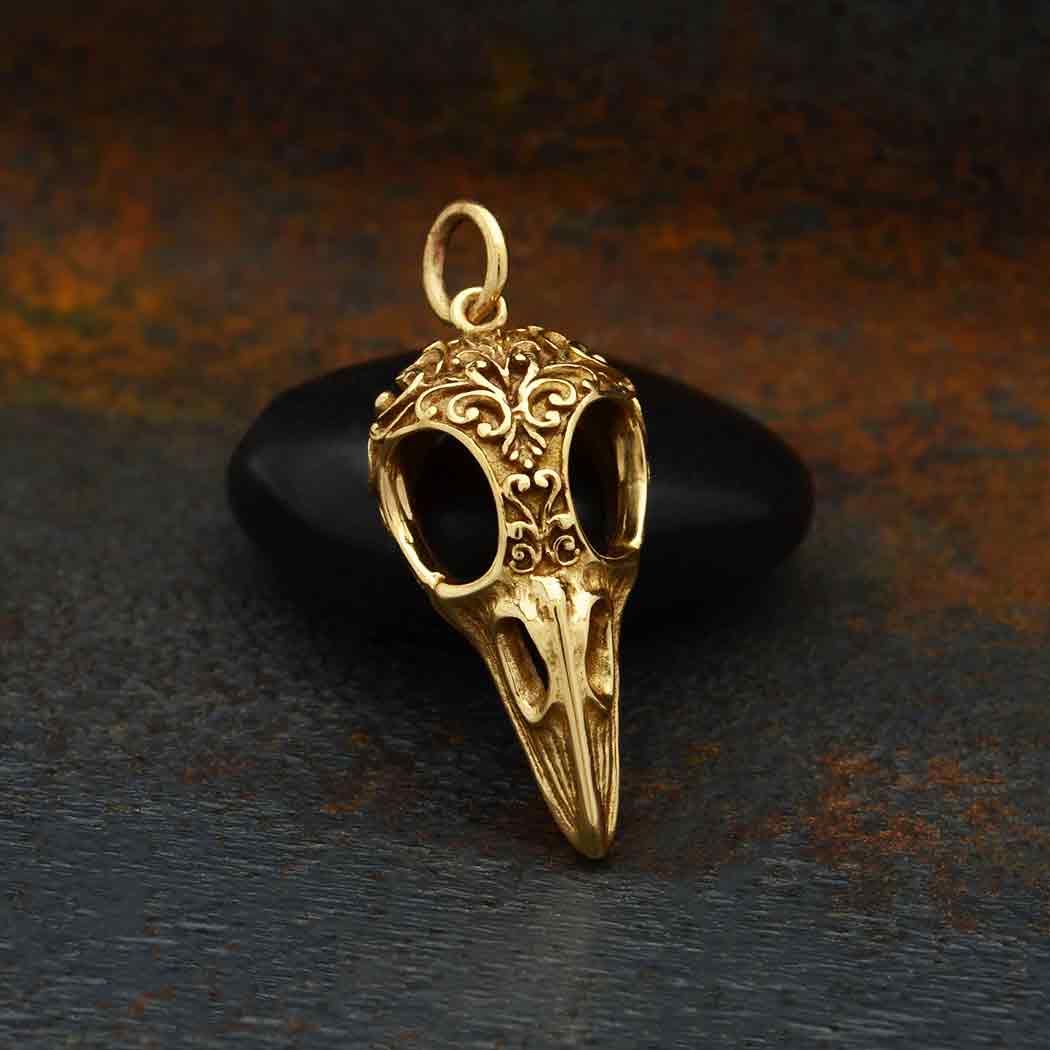 Raven Skull Charm with Scroll Carving 28x11mm