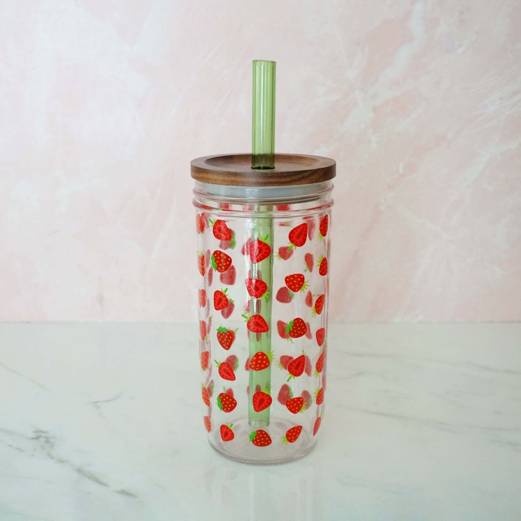 Strawberry 22oz Glass Tumbler With Acacia Lid & Straw