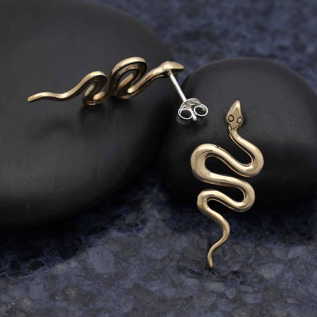 Sterling Silver or Bronze Large Snake Post Earrings 28x12mm