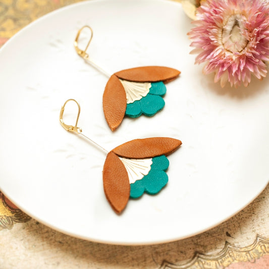 Ginkgo Flower Earrings – Brown and Deep Green Leather