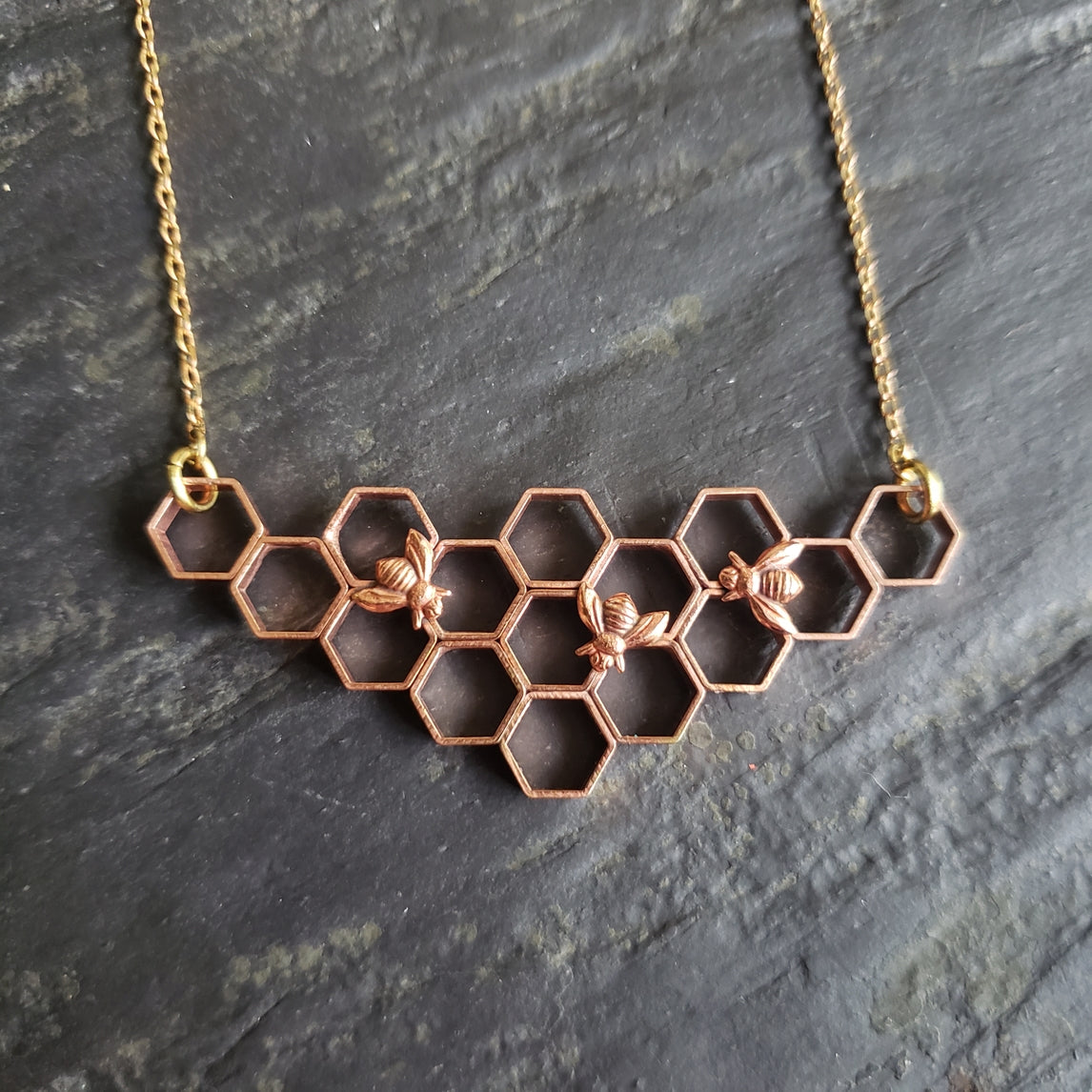 Copper Honeycomb Necklace with Honeybees