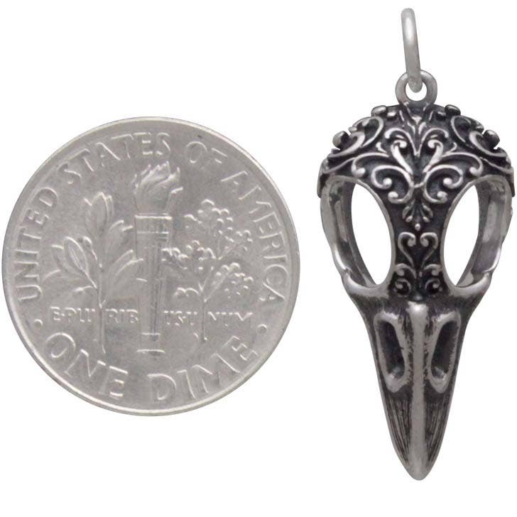 Raven Skull Charm with Scroll Carving 28x11mm