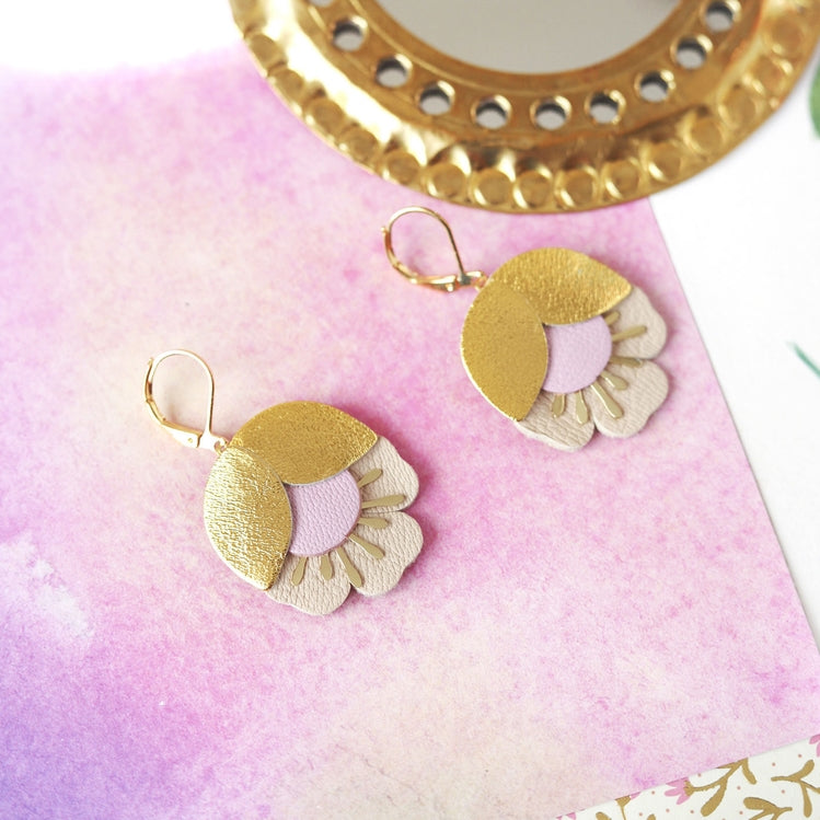 Cherry Flower Earrings – Gold, Pink, Beige Leather