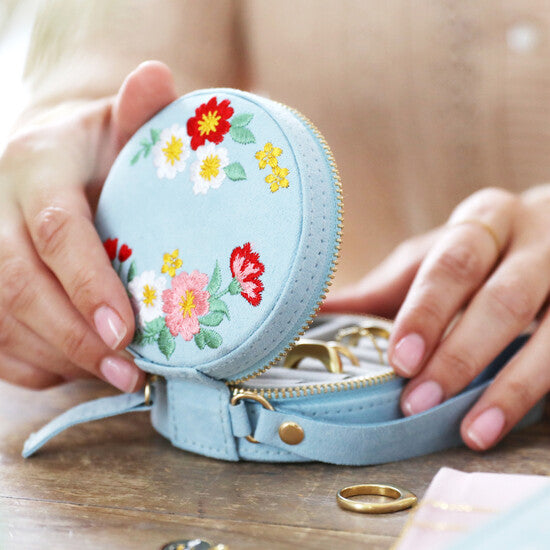 Embroidered Flowers Round Travel Jewelry Case