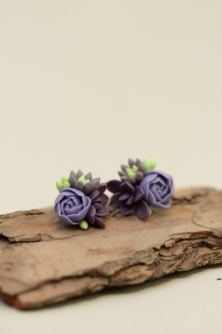 Handmade Succulent and Floral Bouquet Earrings - Purple