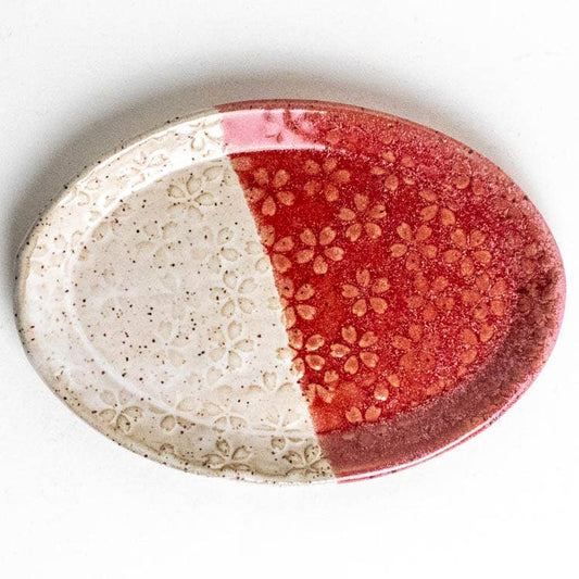 Wht & Red Flower Pattern Handmade Ceramic Oval Trinket Dish