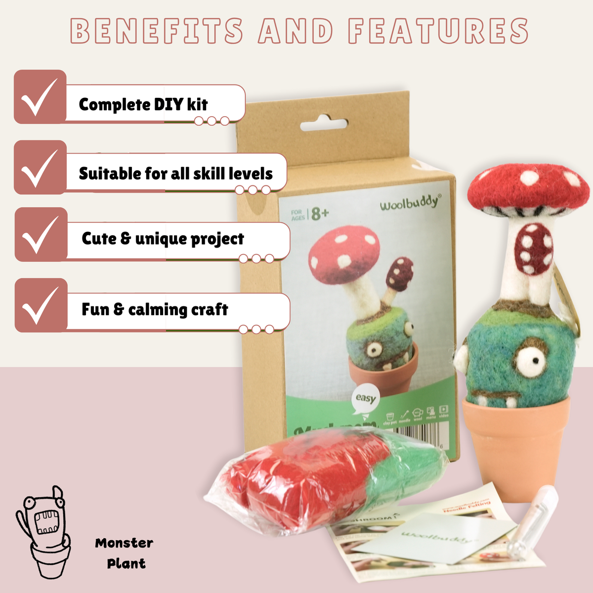 Mushroom Monster Needle Felting Kit – DIY Wool Craft