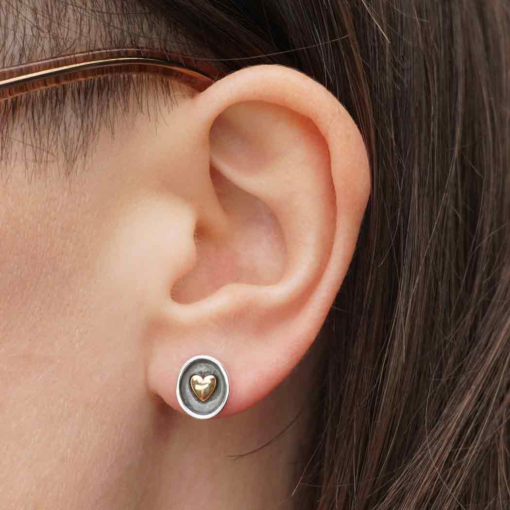 Sterling Silver Shadow Box Earring with Bronze Heart 10x9mm