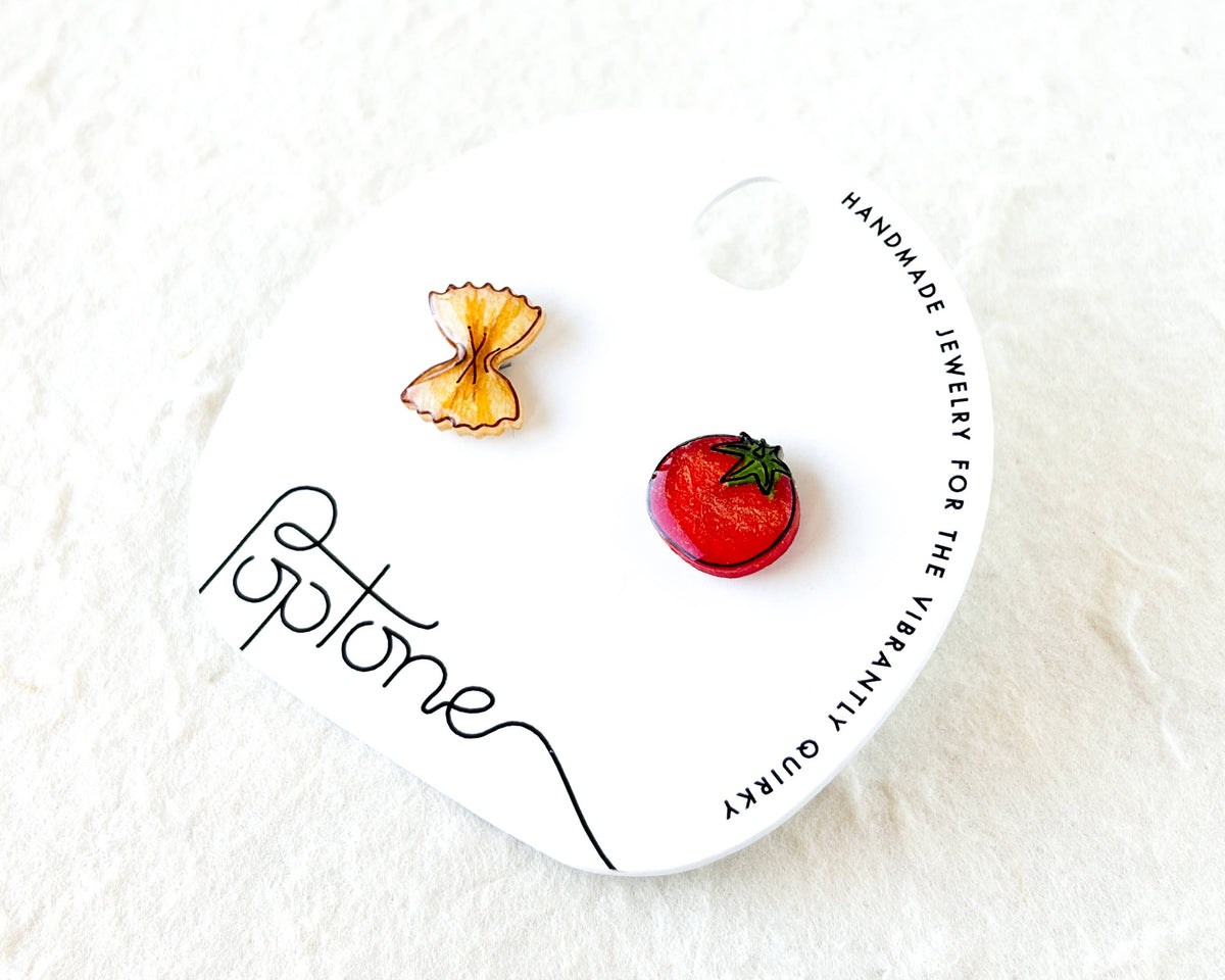 Mismatched Tomato & Bowtie Pasta Stud Earrings