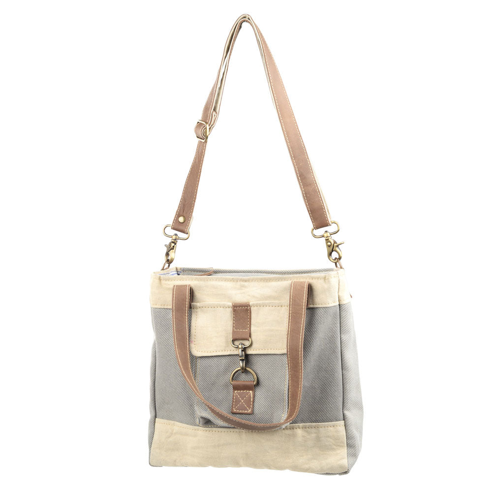 Grey And Cream Mixed Fabric Crossbody Bag