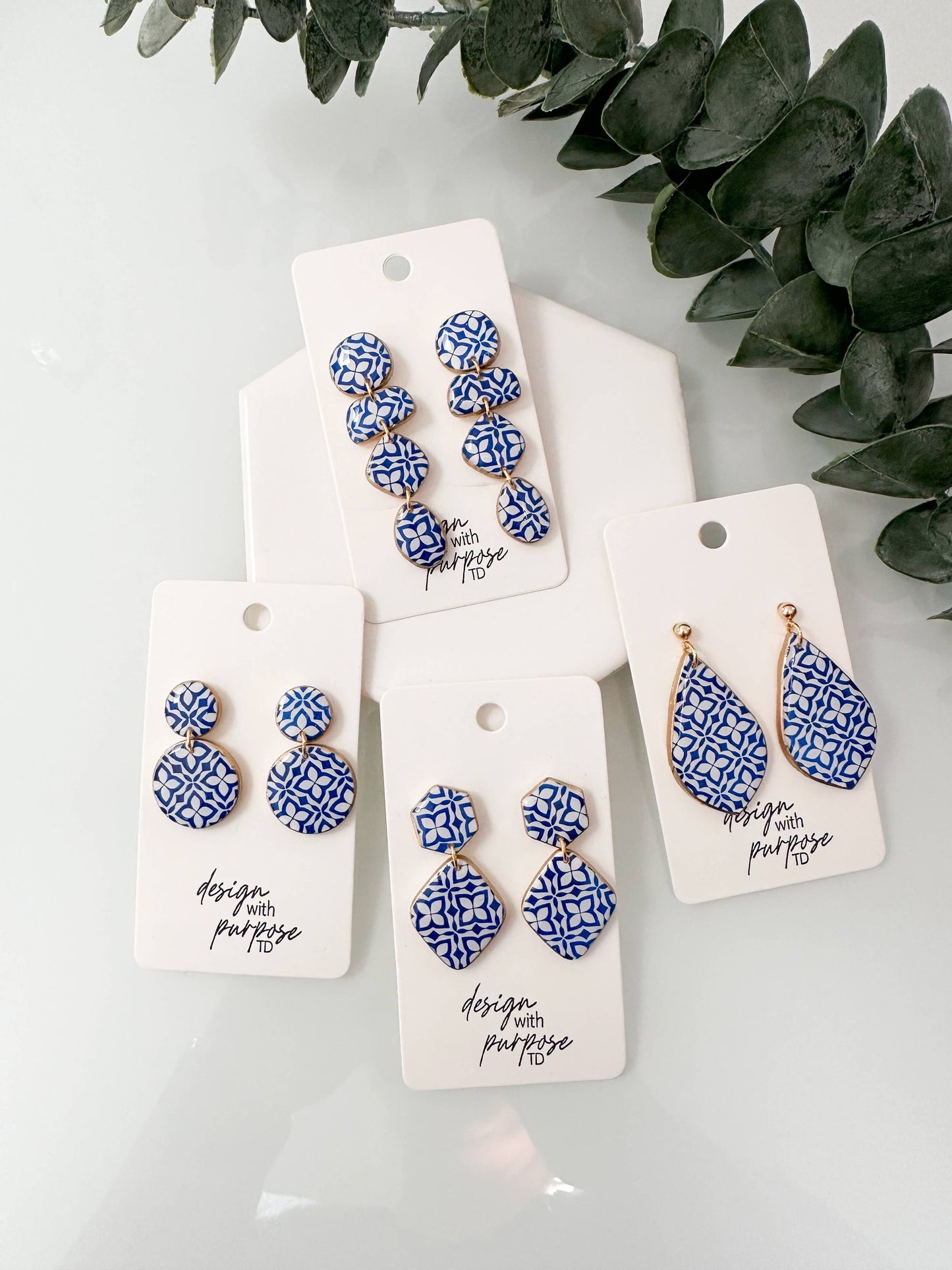 White and Blue Tile Pattern Earrings