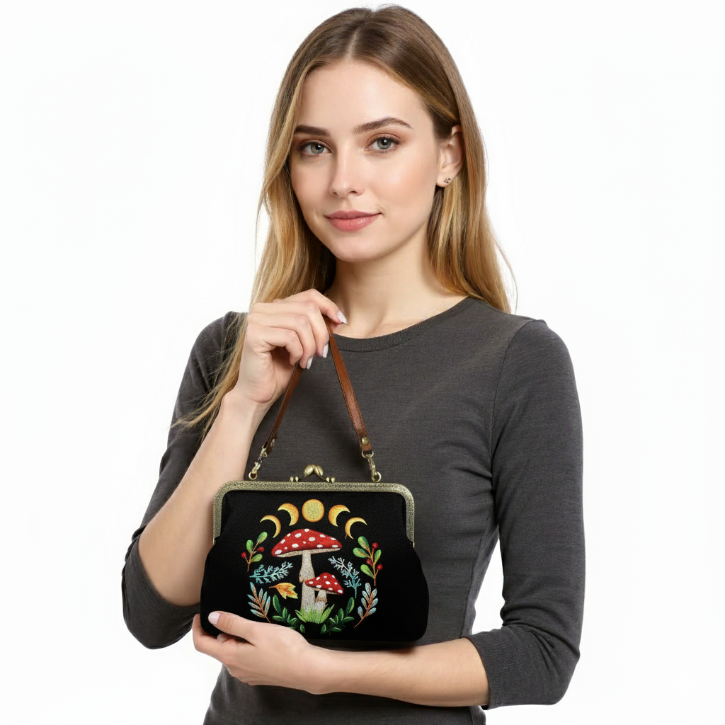 Celestial Mushroom Kiss Lock Bag in Linen Cotton Blend Mater
