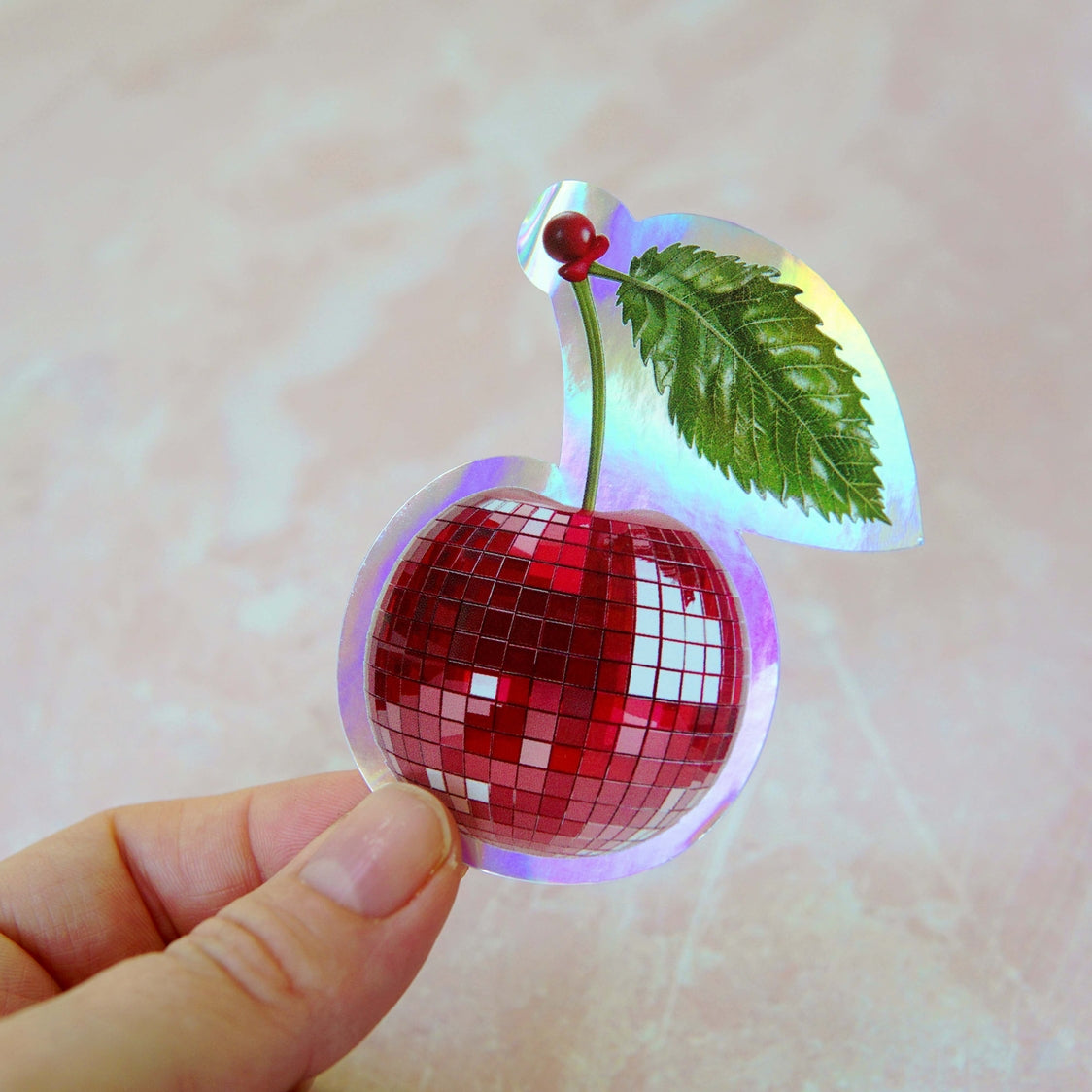 Cherry Holographic Disco Mirror Ball Sticker - 3"