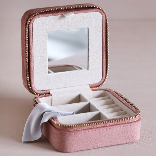 Rose Pink Velvet Square Travel Jewelry Case