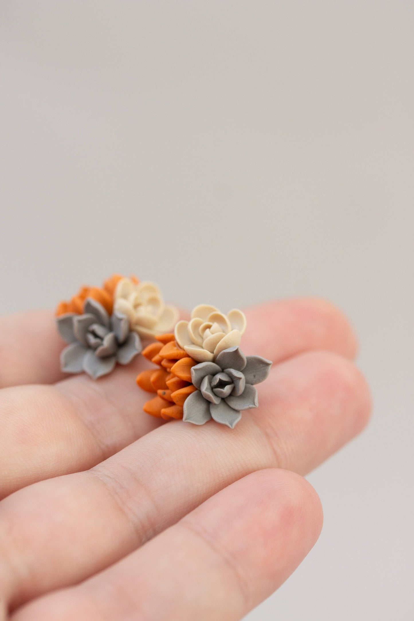Succulent Stud Earrings - Orange Gray Echeveria Plant