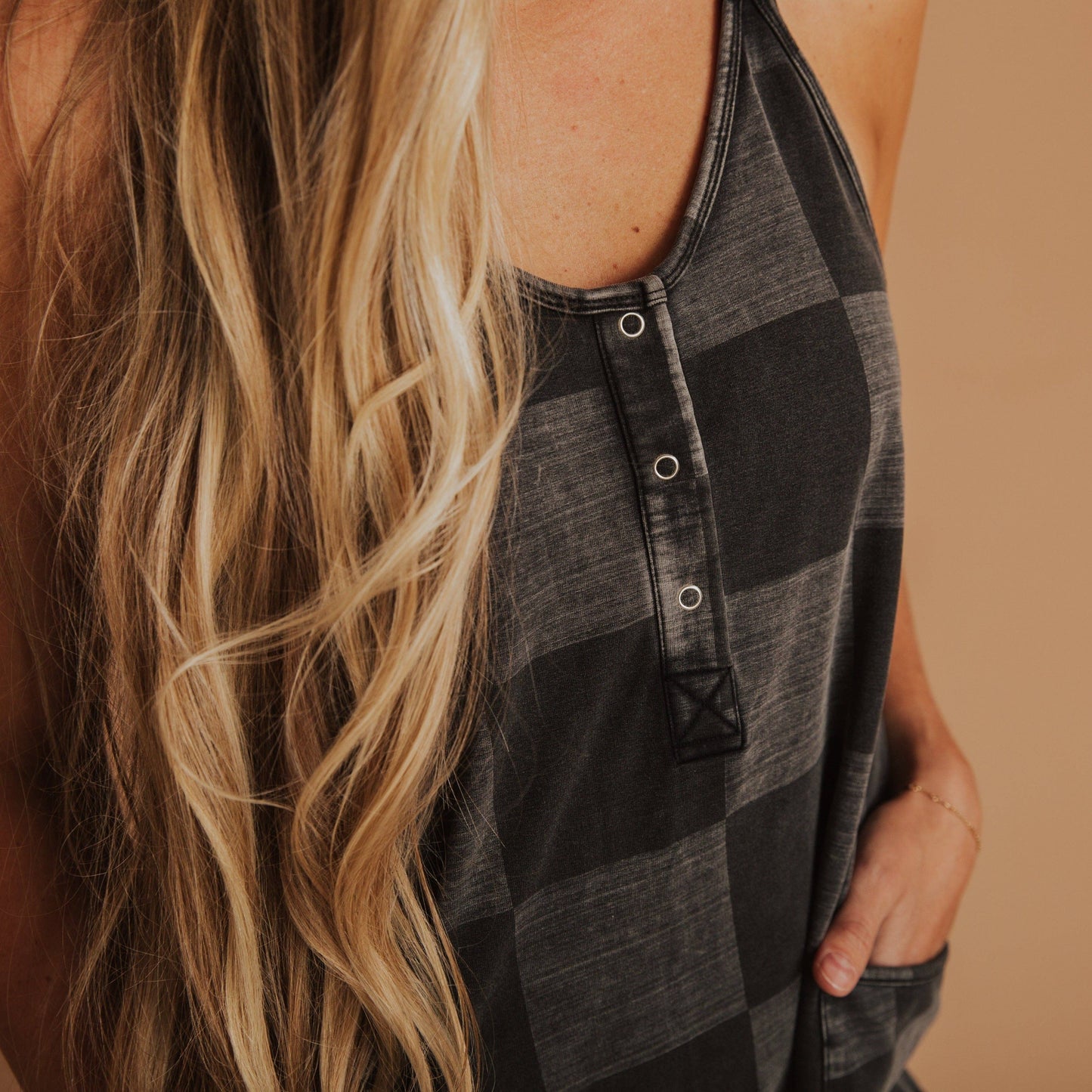 Women's Tank Romper - Black Denim Check