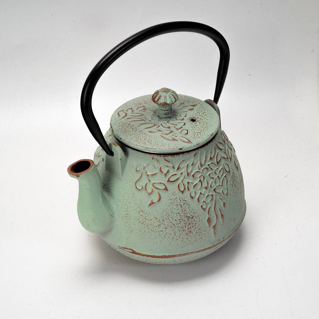 Mint Green Leaves Design 32oz Cast Iron Tea Pot