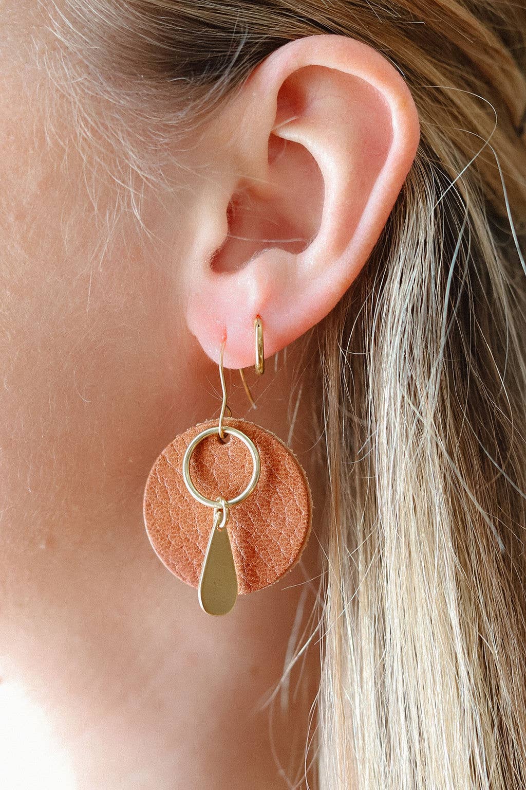 Leather & Brass Circle Drop Earrings