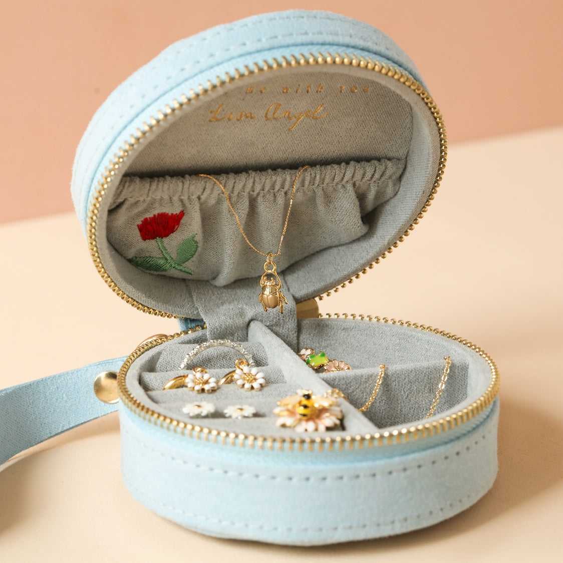 Embroidered Flowers Round Travel Jewelry Case