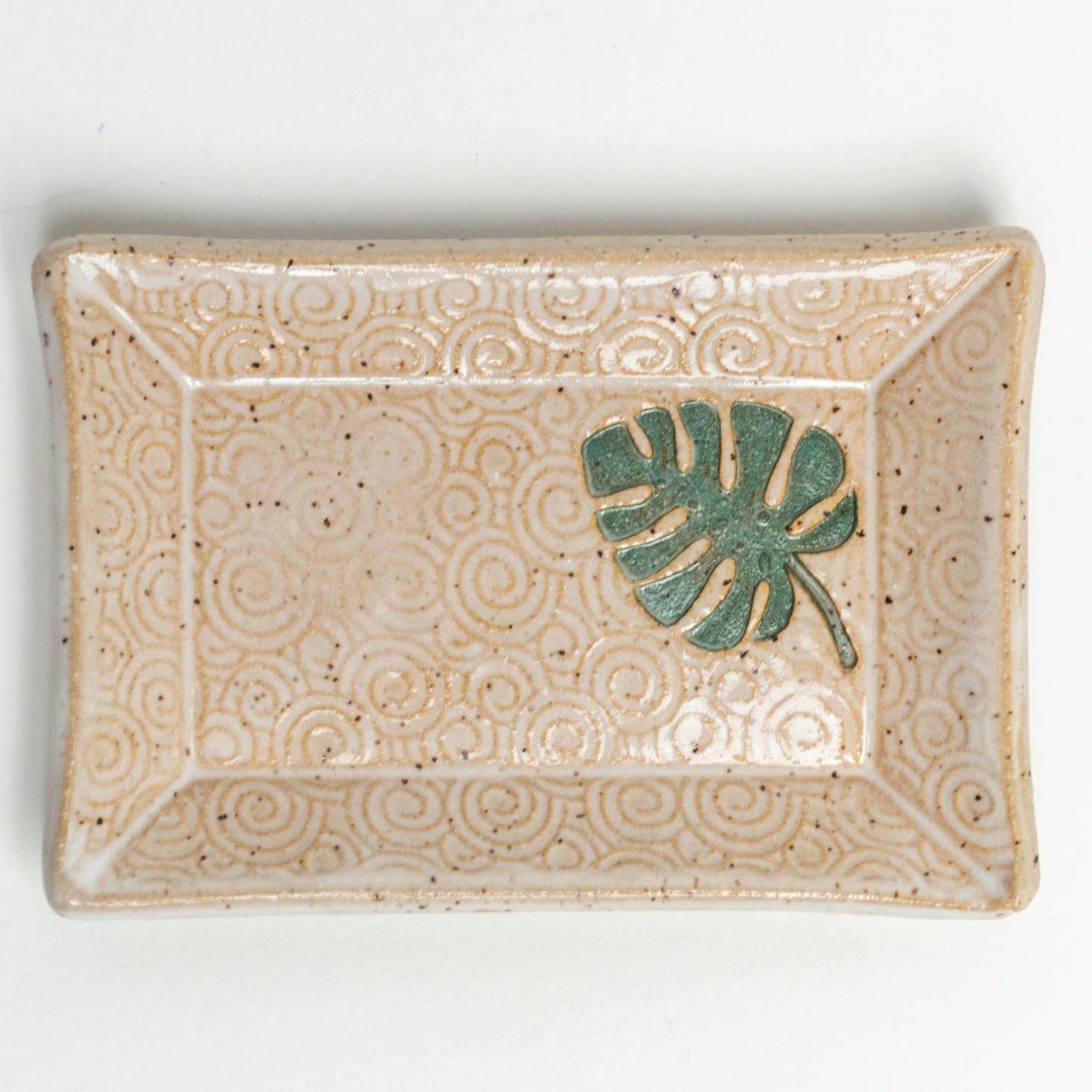 Monstera Pattern Handmade Ceramic White Trinket Dish