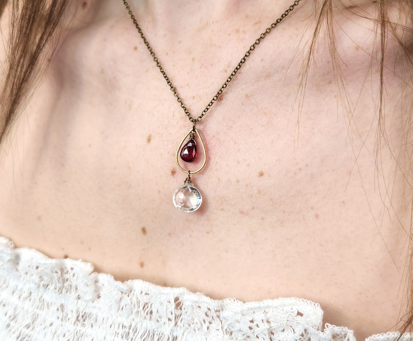 Clear Quartz & Garnet Vintage Inspired Teardrop Necklace