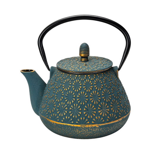 Teal Blue Plum Flower 32oz Cast Iron Tea Pot