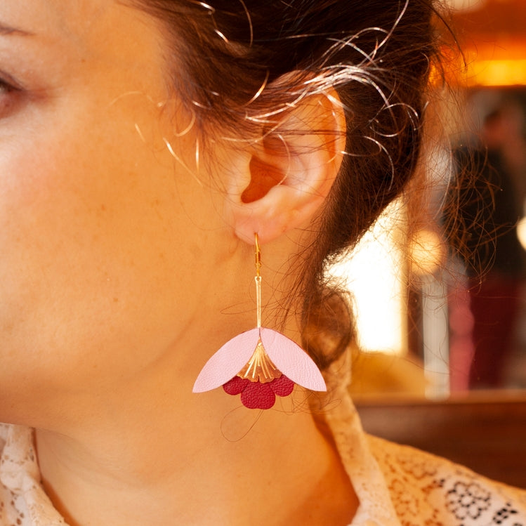 Ginkgo Flower Earrings – Pink and Deep Red Leather