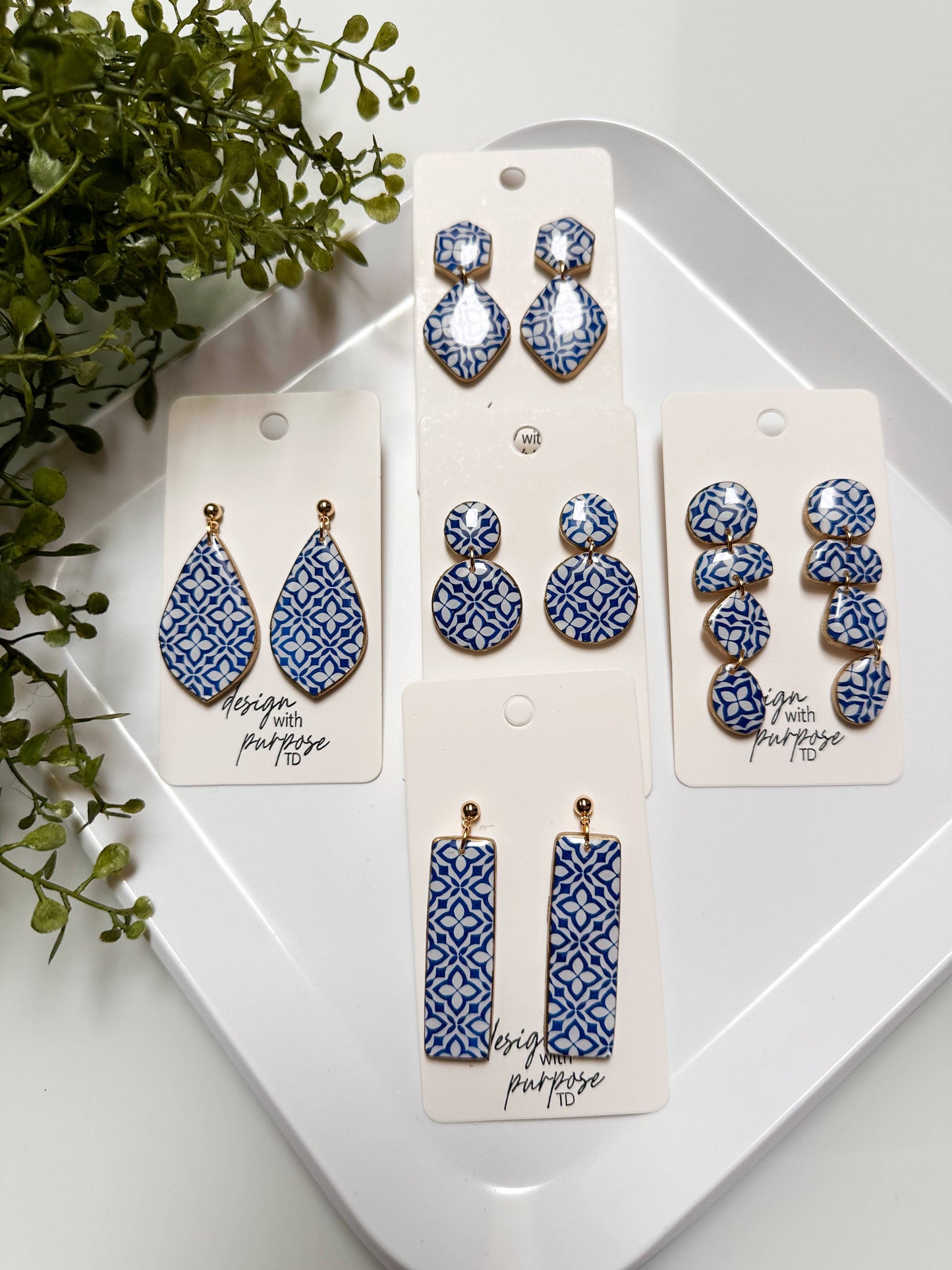 White and Blue Tile Pattern Earrings