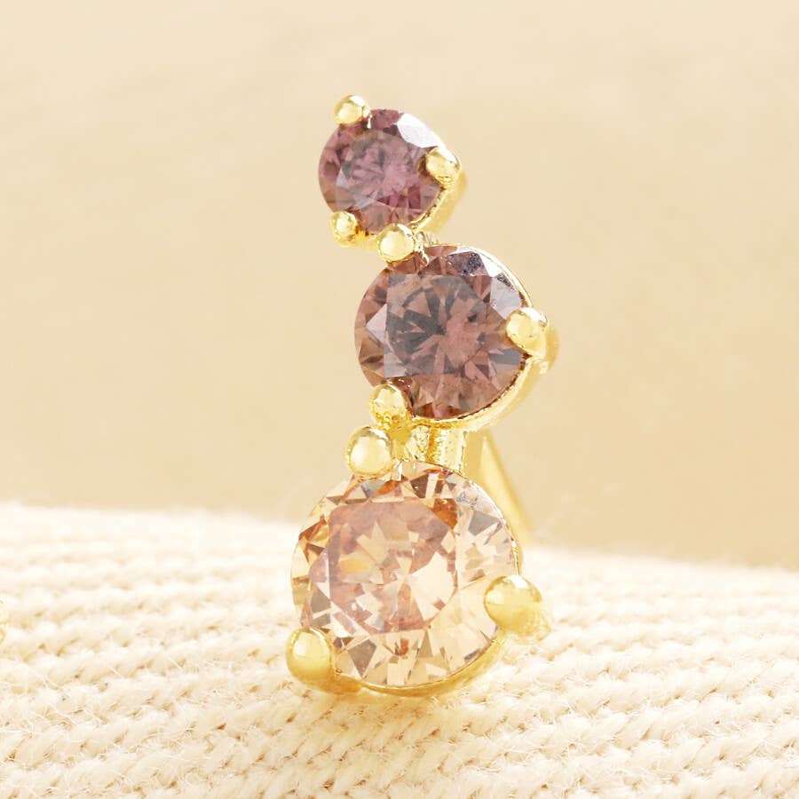 Brown Triple Crystal Climber Stud Earrings in Gold