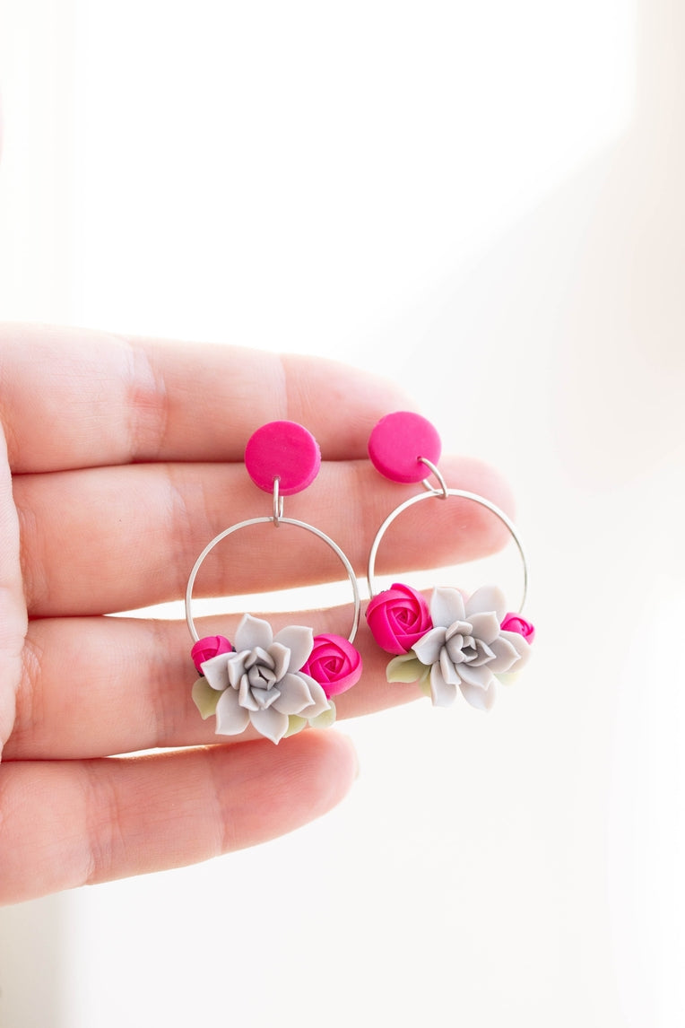 Gray Hot Pink Succulent Dangle Earrings